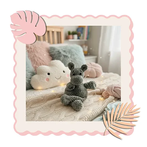 Un ours en peluche gris et des coussins colorés sur un lit