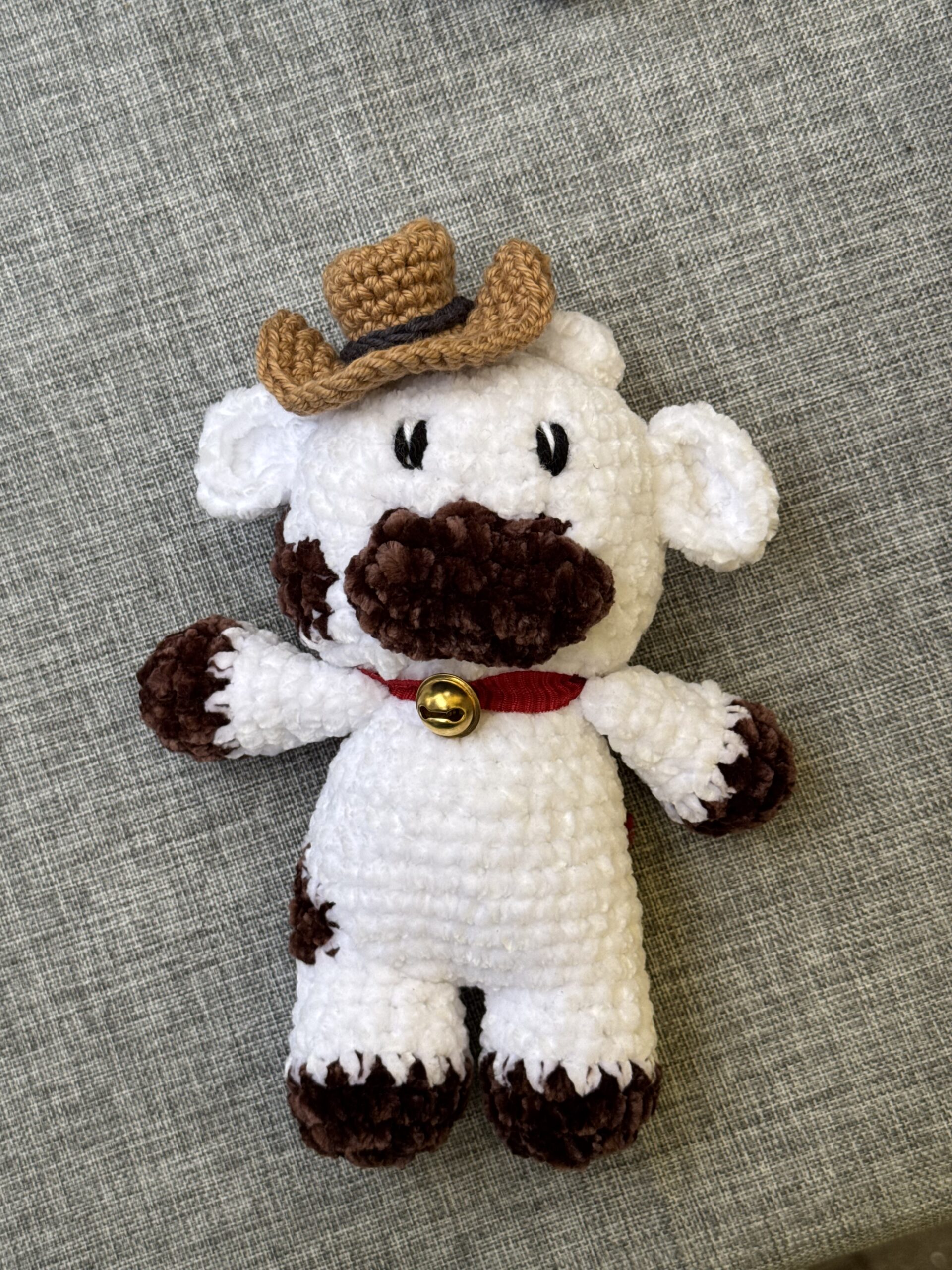Peluche Vache Cow-boy en Laine Velours, Fait Main